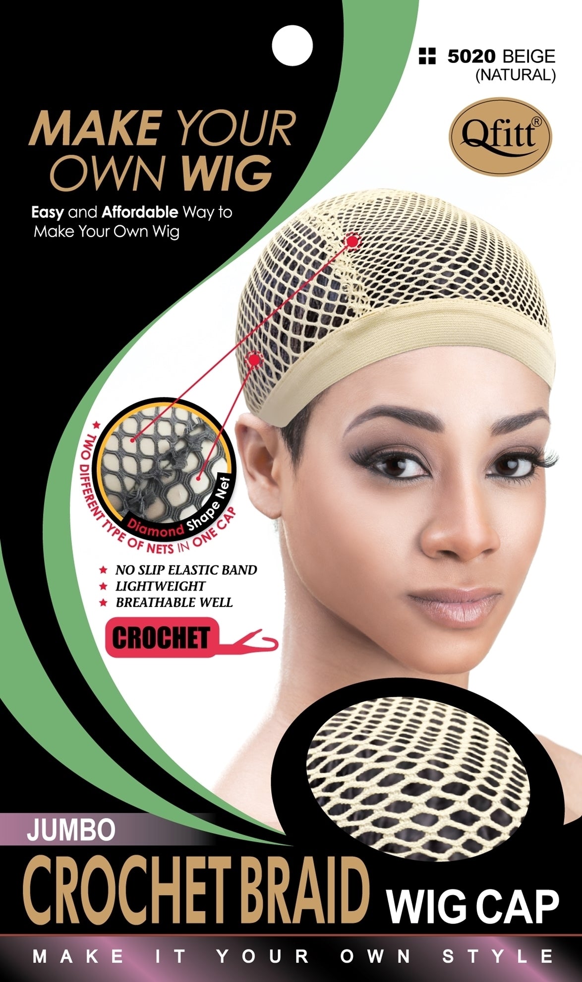 Qfitt #5020 Natural crochet braid wig cap front packaging