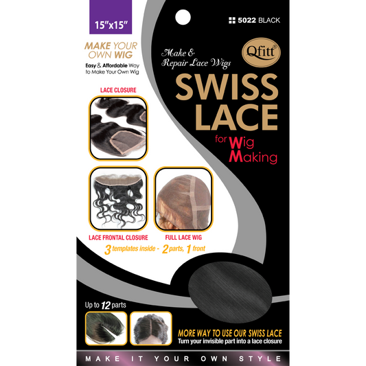 Qfitt #5022 Black Swiss Lace for Wig Making, 15 by 15 inches, front packaging
