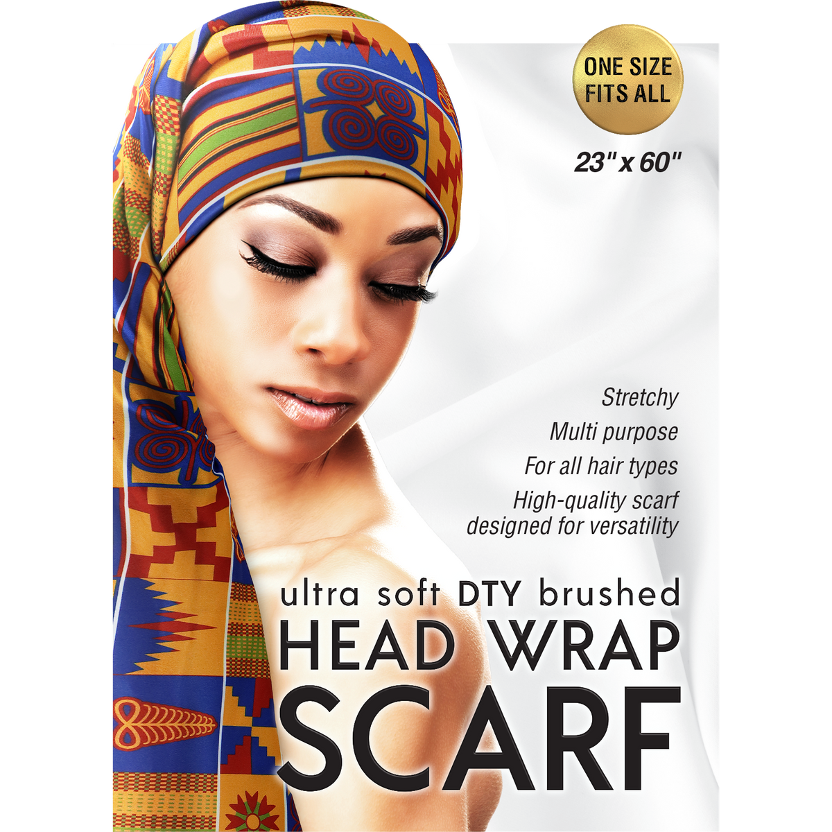 Qfitt 6040 Kente Blue Ultra Soft DTY Brushed Head Wrap Scarf, 23 by 60 inches