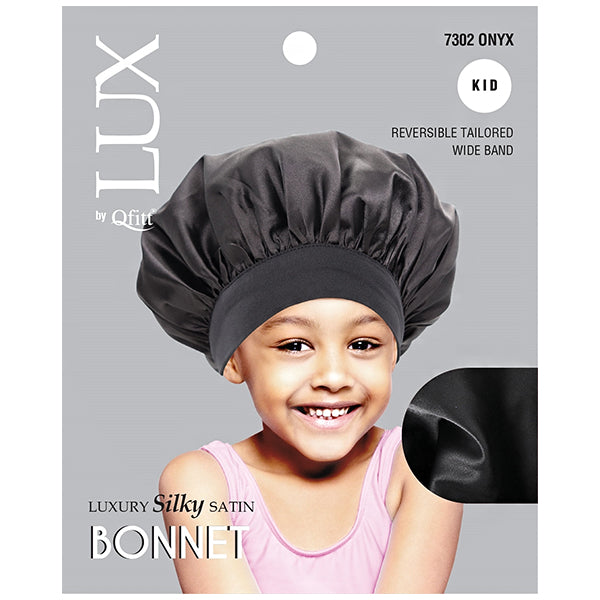 Qfitt LUX 7302 kids Onyx black silky satin bonnet package front