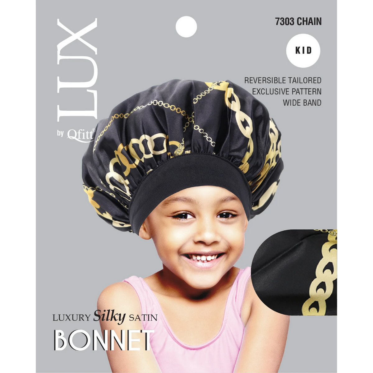 Qfitt LUX 7303 kids silky satin bonnet with gold chain pattern and black wide band