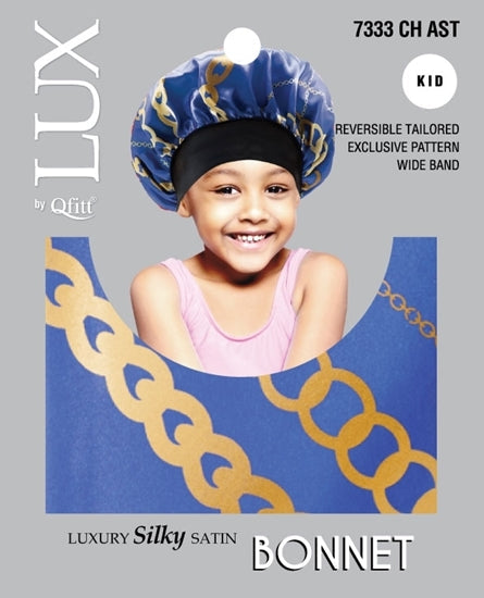 Qfitt LUX 7333 CH AST kids satin bonnet package showing the assorted chain pattern