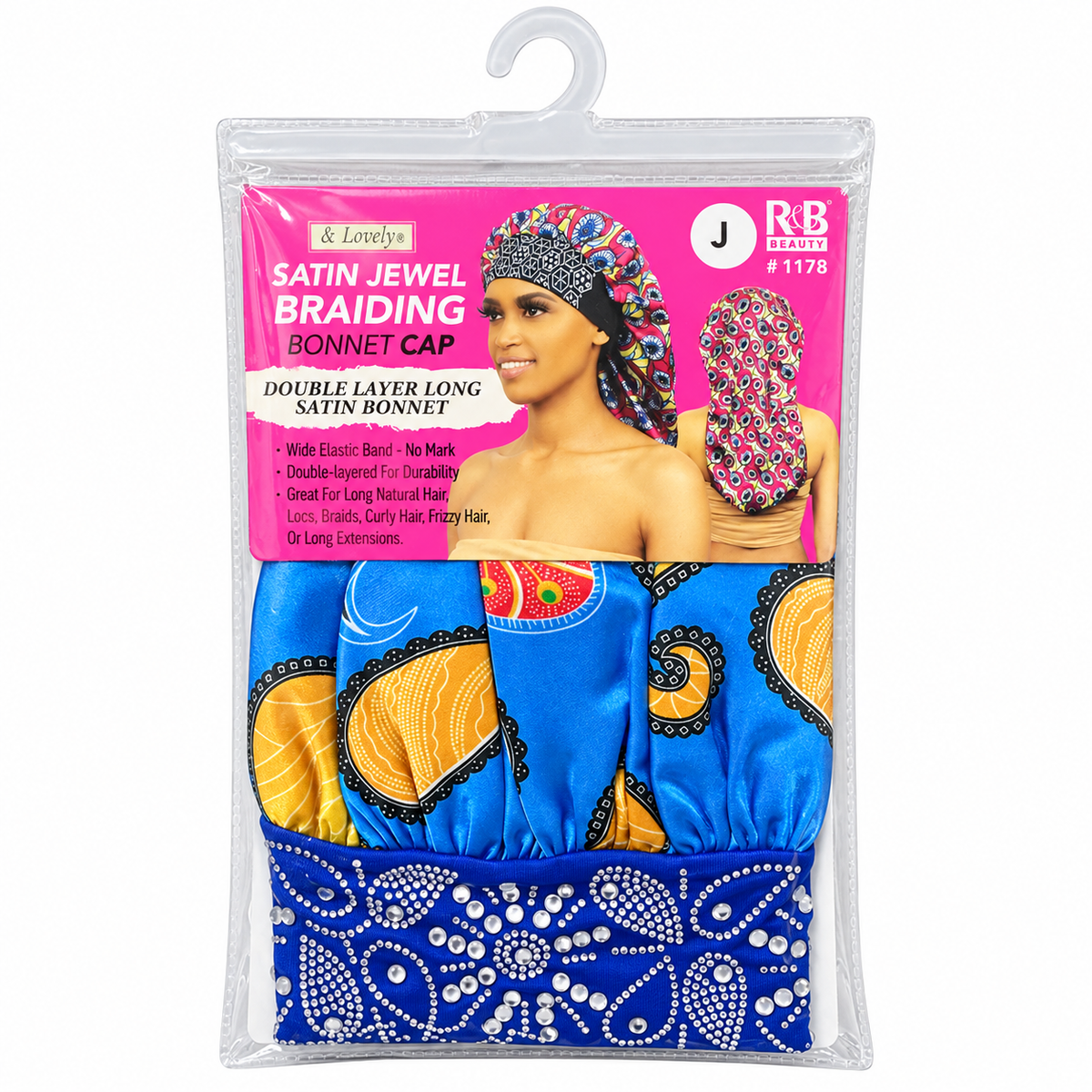 R&B 1178 Style J blue patterned satin jewel braiding bonnet cap front package