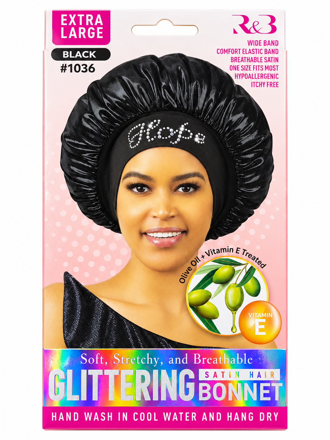 R&B Slay glittering satin hair bonnet in black, extra large, style 1036 — front packaging