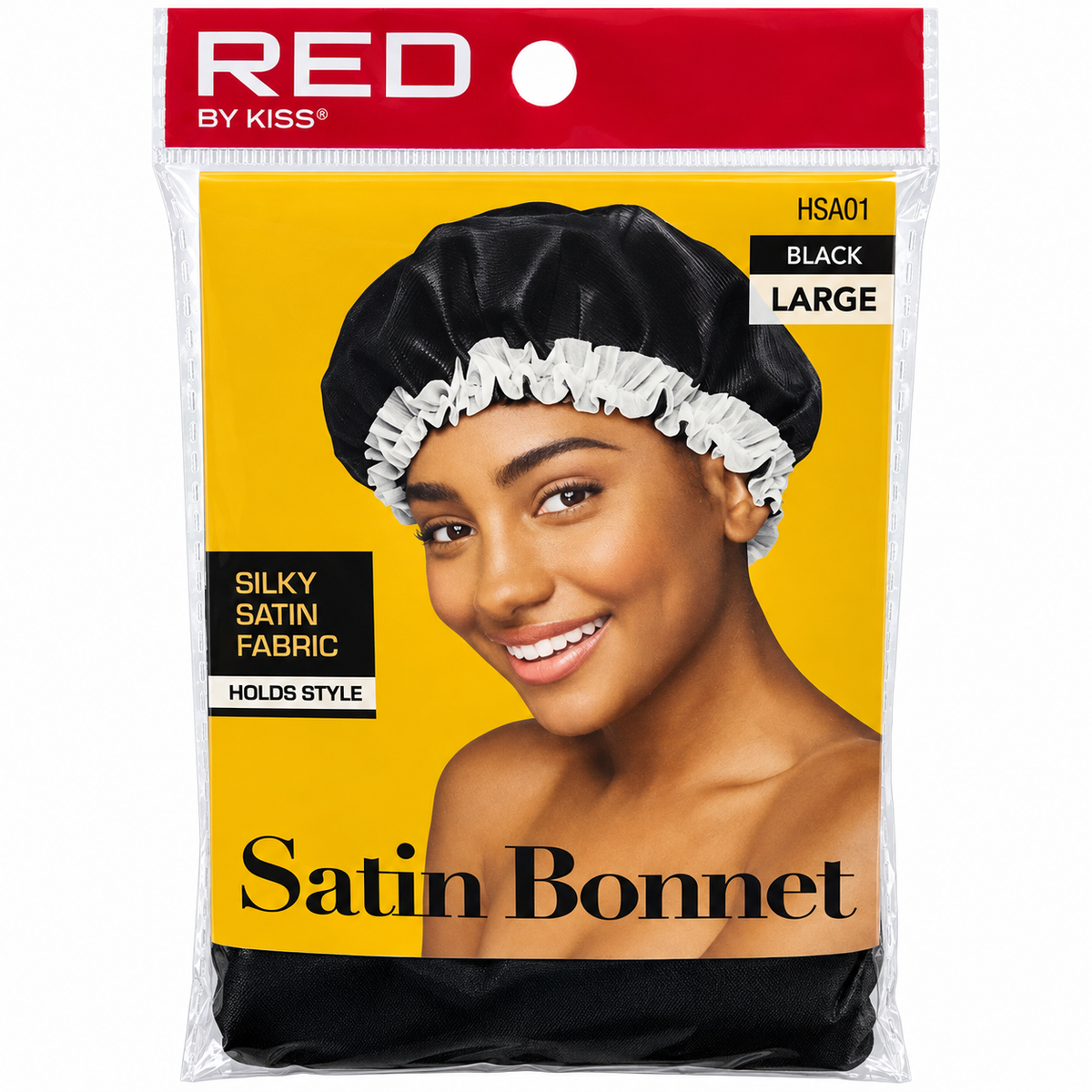 RED by KISS HSA01 Large Satin Bonnet in Black, front package