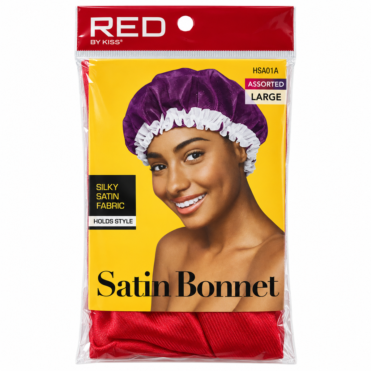 RED by KISS HSA01A Large Satin Bonnet in Red, front package