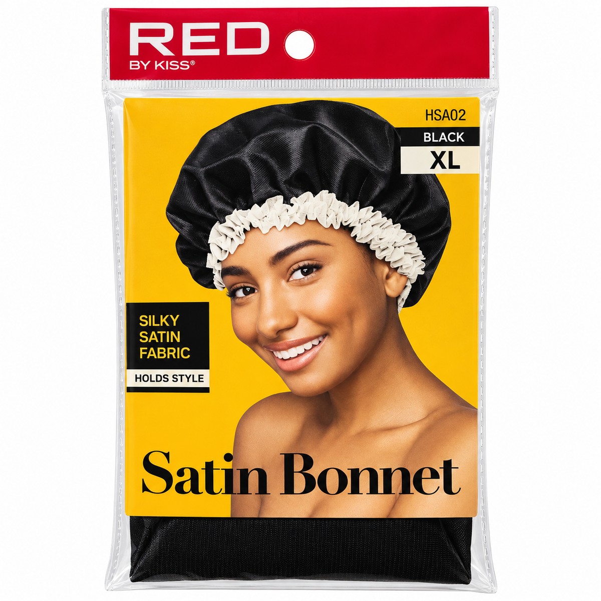 RED by KISS HSA02 XL Satin Bonnet in Black, front package