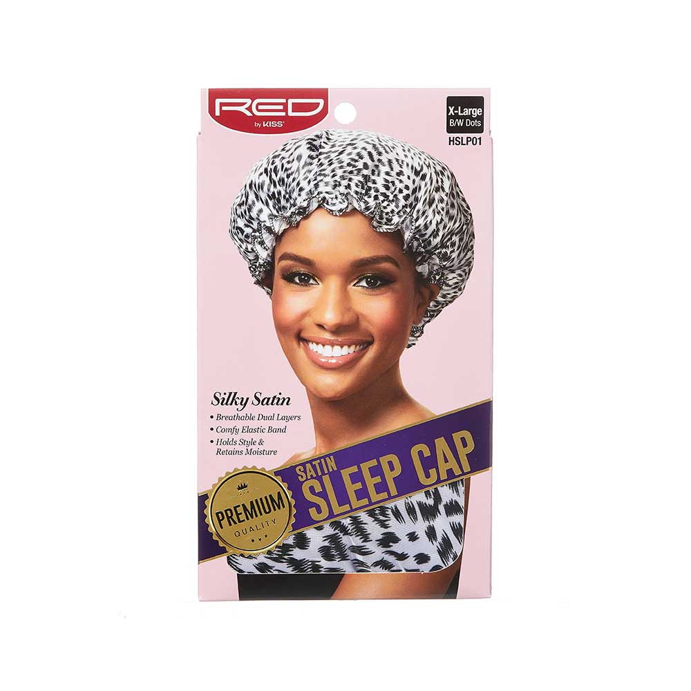 RED by KISS HSLP01 XL Premium Silky Satin Sleep Cap in Black & White, front package