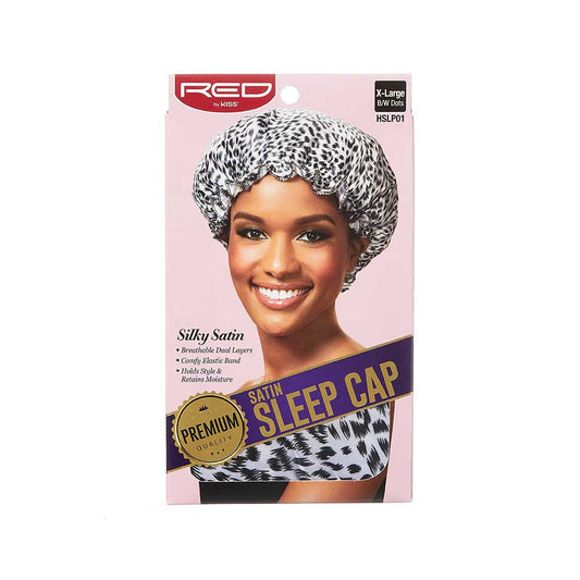 RED by KISS HSLP01 XL Premium Silky Satin Sleep Cap in Black & White, front package