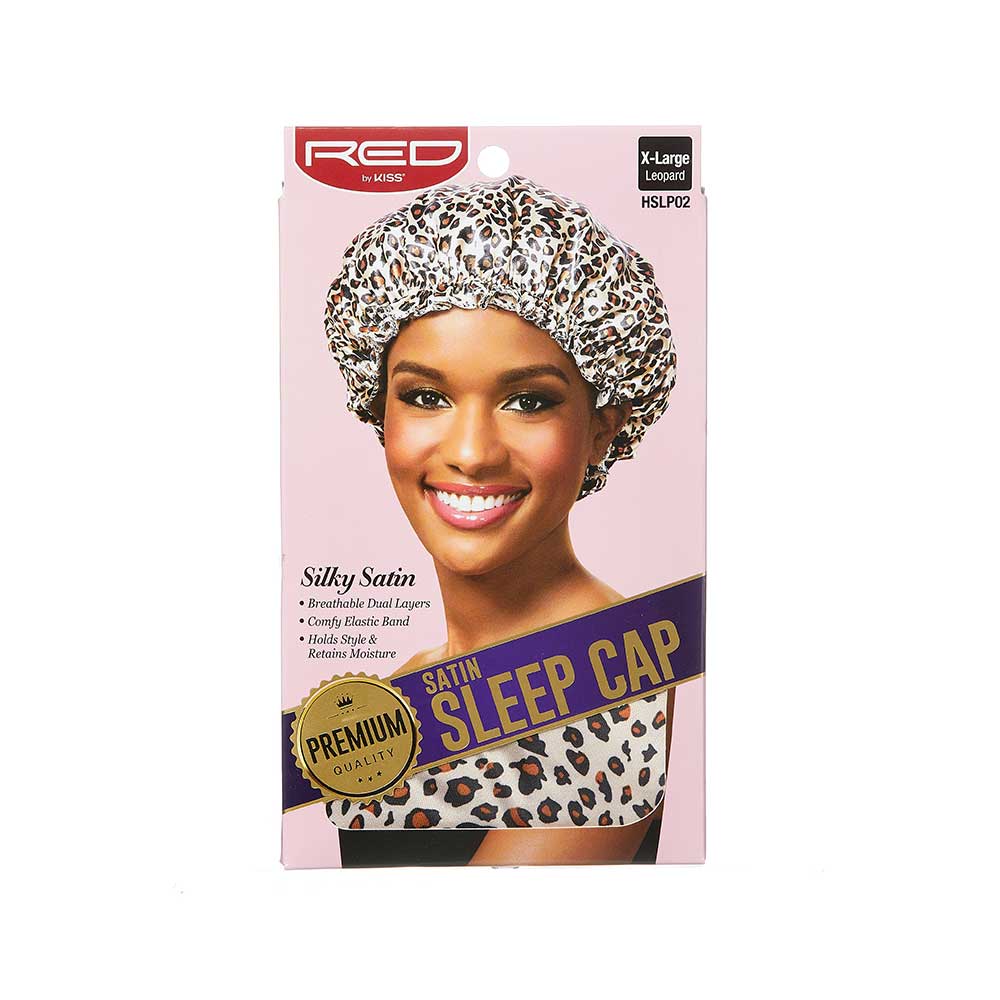 RED by KISS HSLP02 XL Premium Silky Satin Sleep Cap in Leopard, front package