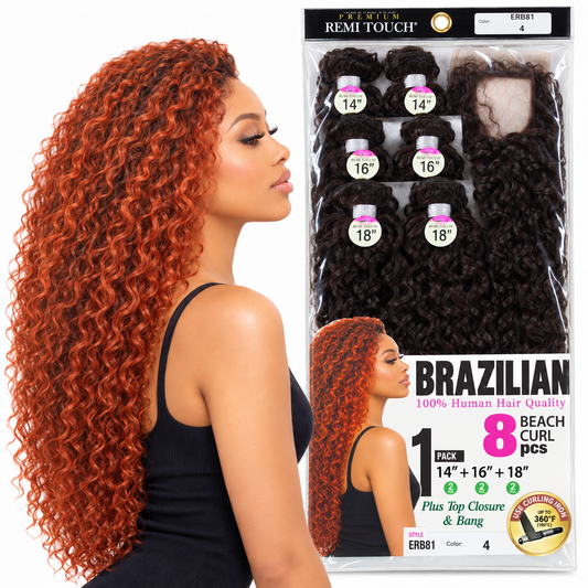 Remi Touch Brazilian Beach Curl 8-piece model and color 4 package; model shows illustrative copper-red shade