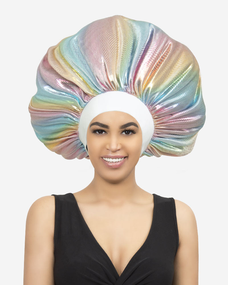 R&B Silver Super Jumbo Glittering Satin Bonnet worn on model