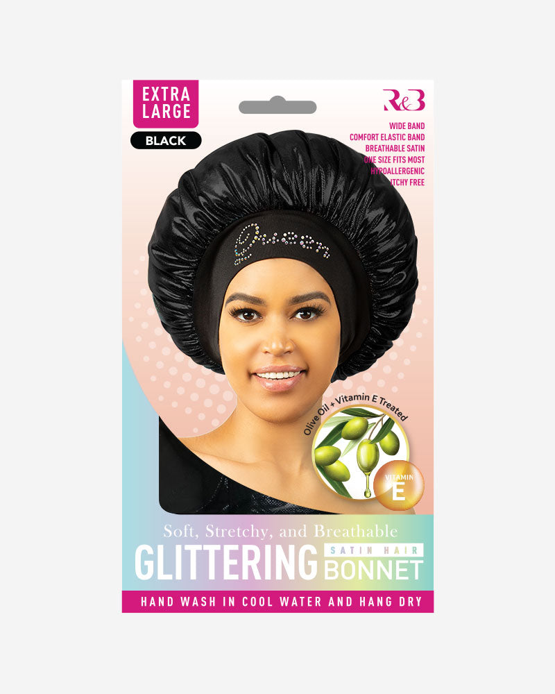 R&B #1032 Black Queen Extra Large Glittering Satin Bonnet front package