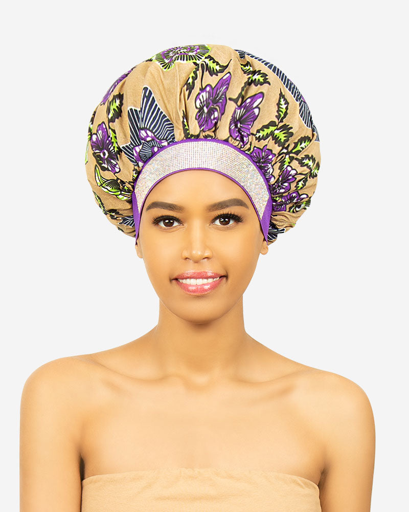 R&B #1176 Extra Large Jewel Wax and Satin Bonnet Style B floral print with jeweled band