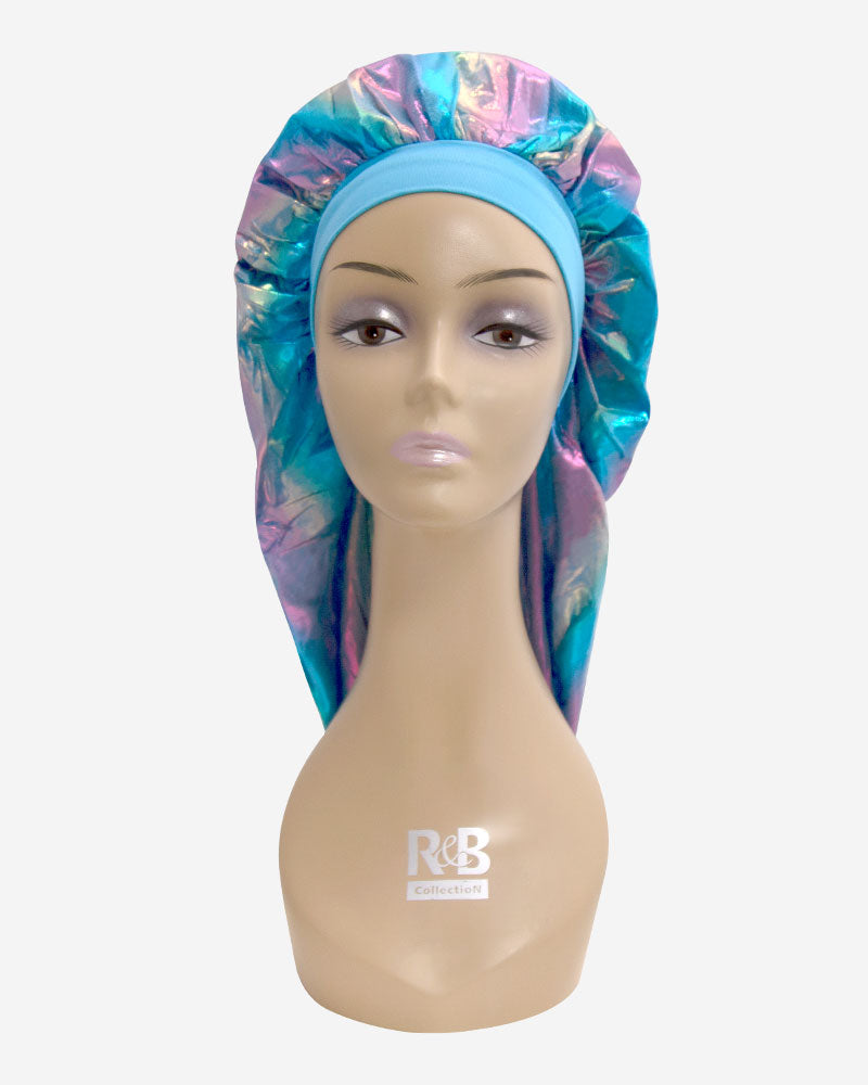 R&B 1180 XL satin silky glitter braiding bonnet with blue elastic band