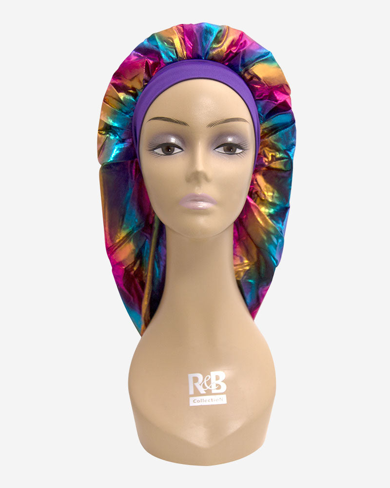 R&B 1180 XL satin silky glitter braiding bonnet with purple elastic band