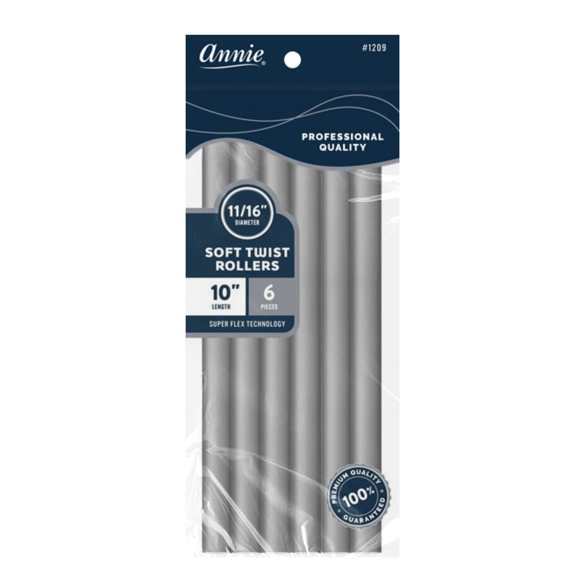 Annie 1209 soft twist rollers, 10" length, 11/16" diameter, Gray, 6 pieces