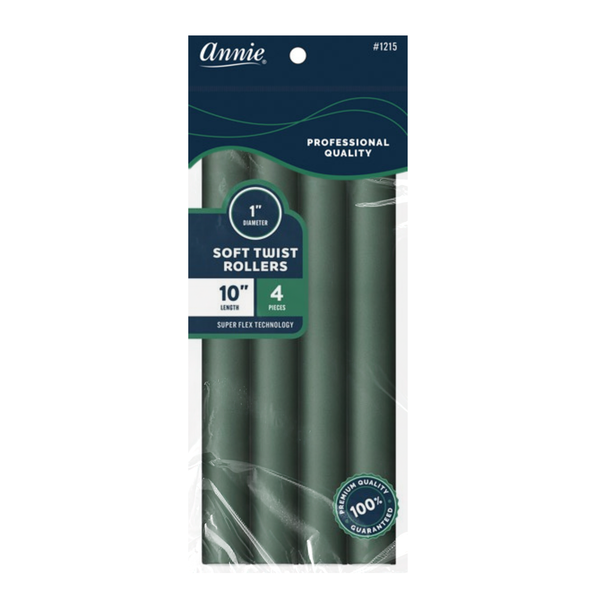 Annie 1215 soft twist rollers, 10" length, 1" diameter, Dark Green, 4 pieces