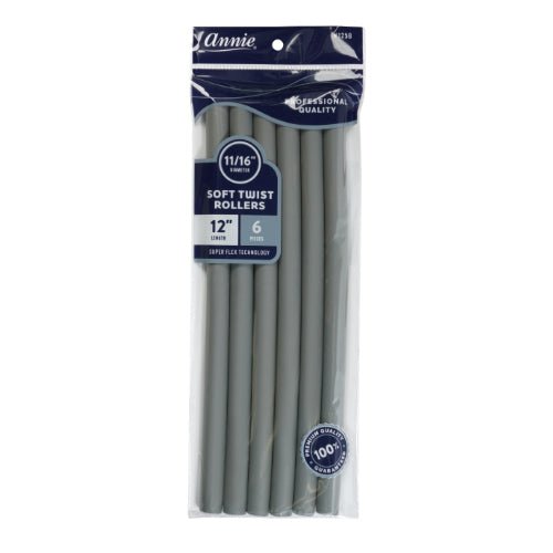 Annie 1258 soft twist rollers, 12" length, 11/16" diameter, Gray, 6 pieces