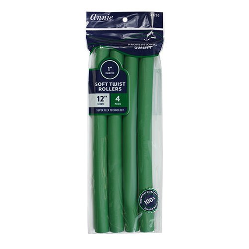 Annie 1260 soft twist rollers, 12" length, 1" diameter, Dark Green, 4 pieces