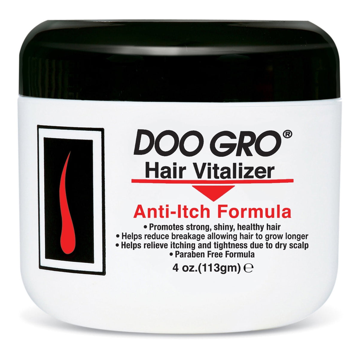 White 4oz Doo Gro Hair Vitalizer bottle with black text, red “Anti-Itch Formula” label, and red stripe at bottom.