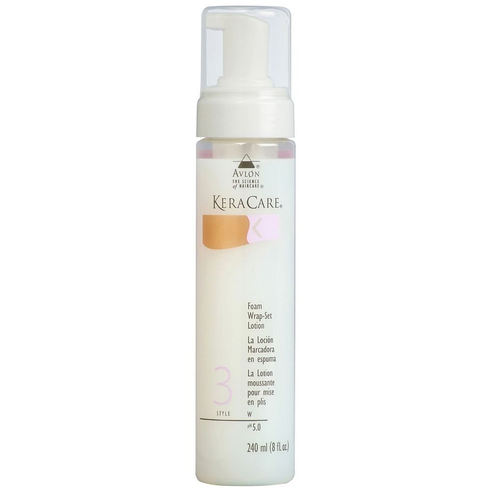 White and gray Avlon Keracare Foam Wrap-Set lotion bottle with pink cap, 8oz text, and product image on front.