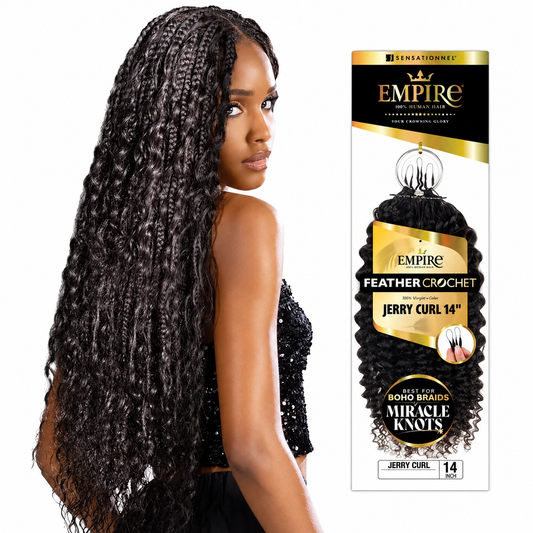 Sensationnel Empire Jerry Curl Human Hair Feather Crochet model and full package on white