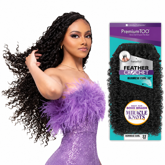 Sensationnel Premium Too Feather Crochet Burmese Curl 22 Inch model and full package on white