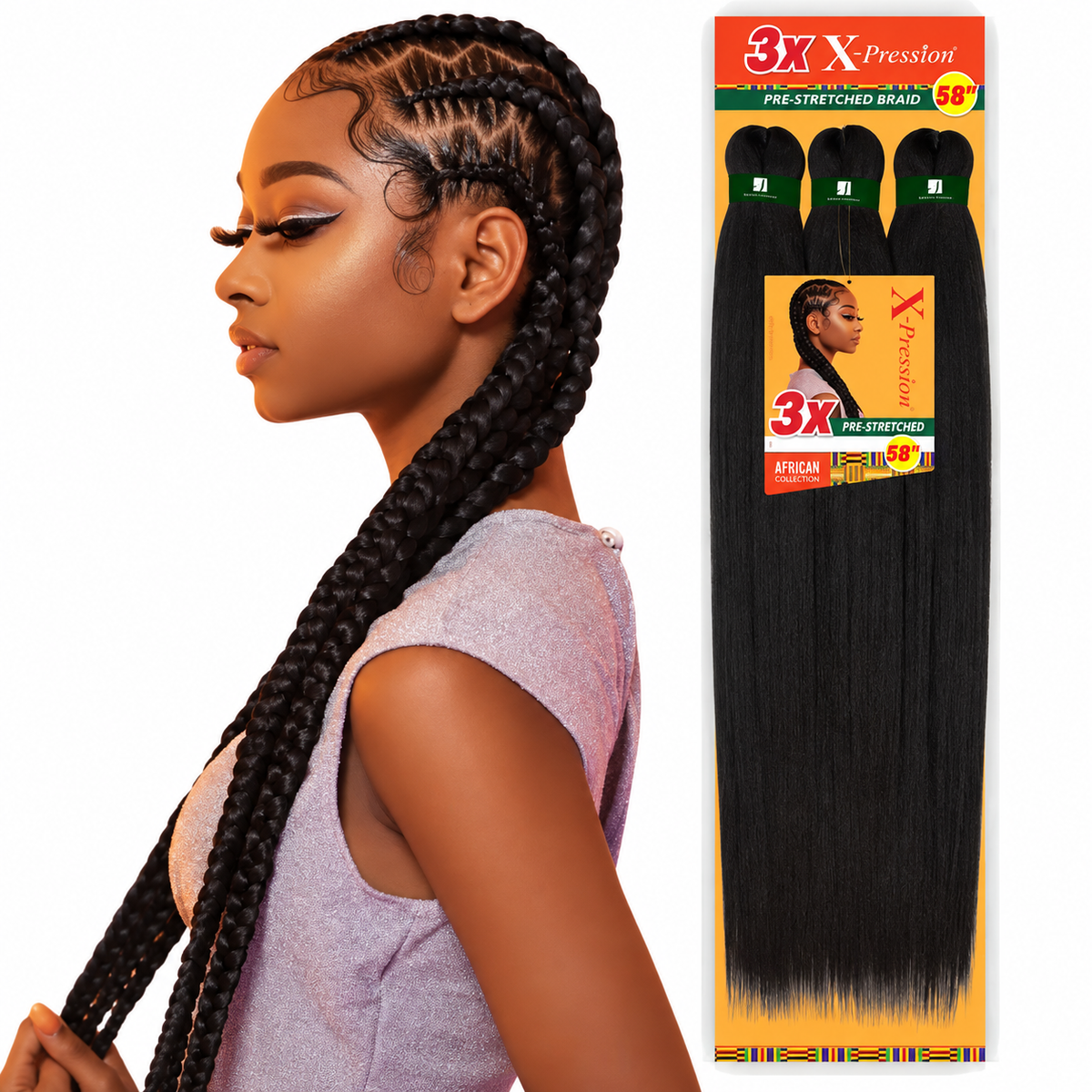 Sensationnel X-Pression 3X Pre-Stretched Braiding Hair 58" factory model and full package on white