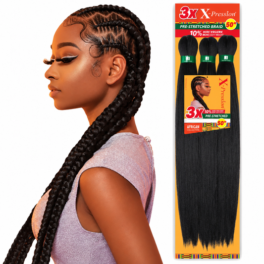 Sensationnel X-Pression 3X Pre-Stretched Braiding Hair 50" factory model and full package on white