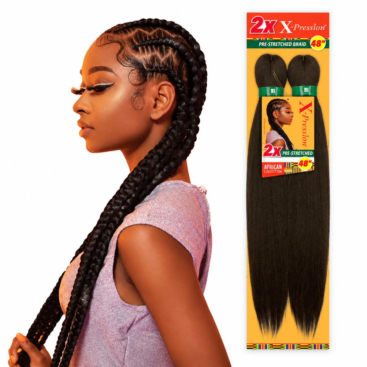 Sensationnel X-Pression 2X Pre-Stretched Braiding Hair 48" factory model and full package on white