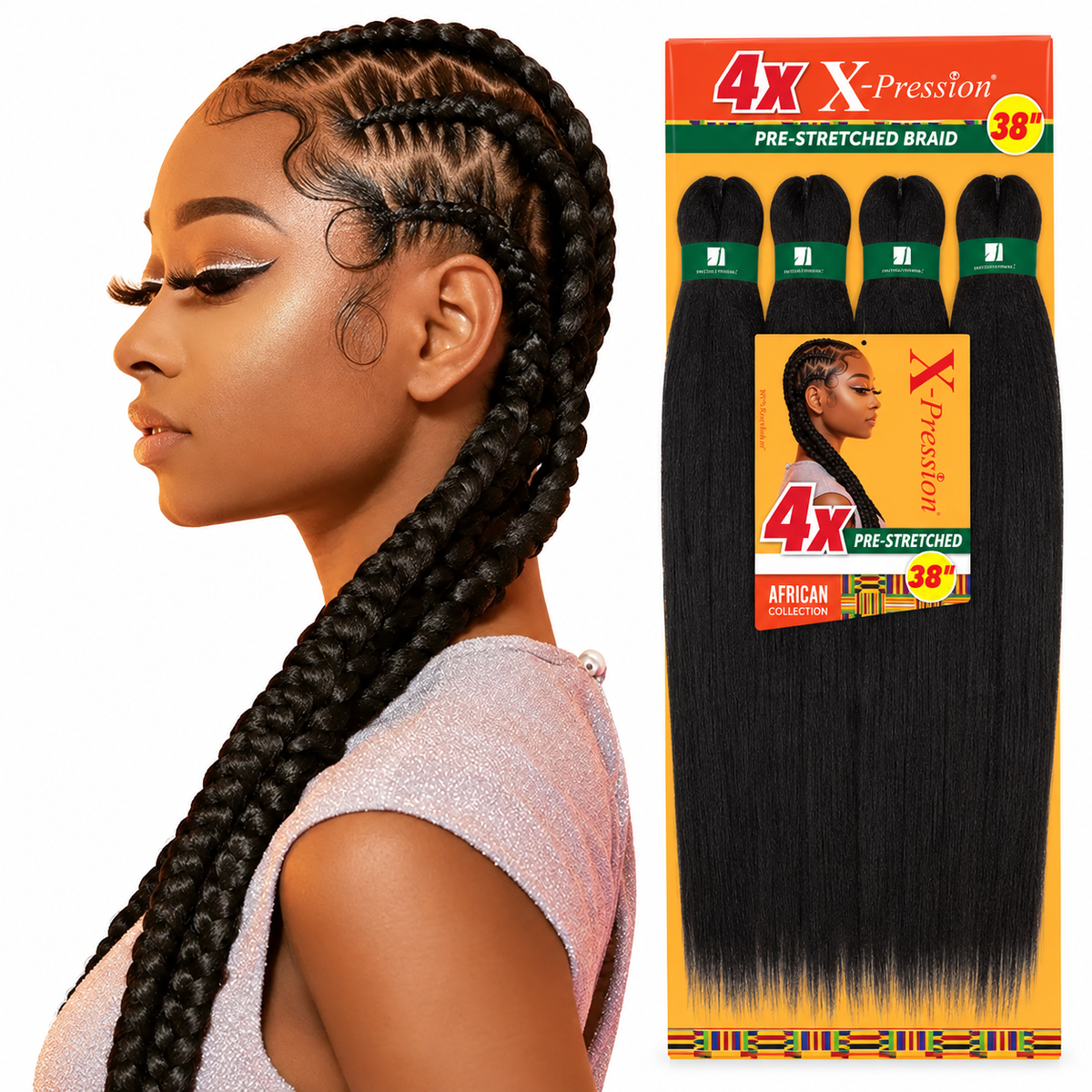 Sensationnel X-Pression 4X Pre-Stretched Braiding Hair 38" factory model and full package on white