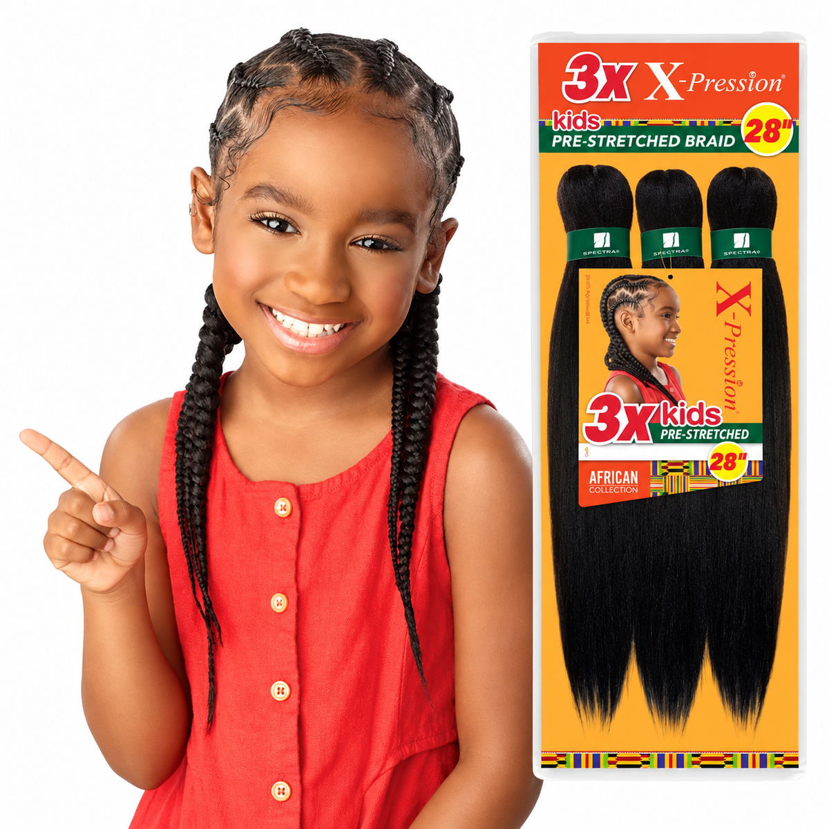 Sensationnel X-Pression 3X Kids Pre-Stretched Braid 28" factory model and full package on white