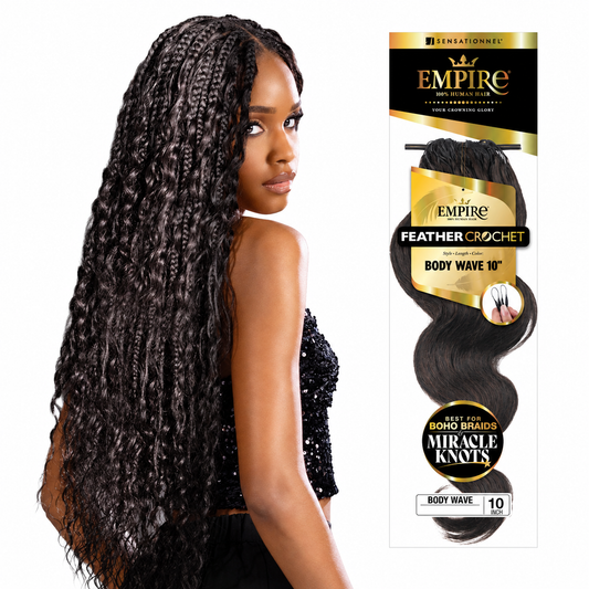 Sensationnel Empire Feather Body Wave Human Hair Crochet model and full package on white