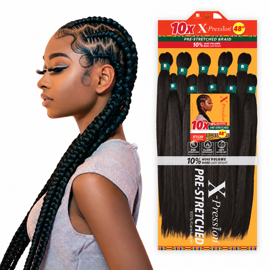 Sensationnel Braids X-Pression 10X Pre-Stretched Braid 48" model and full package on white