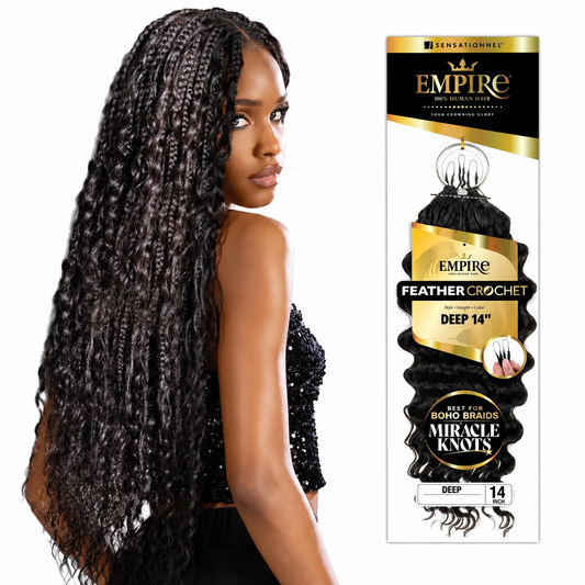 Sensationnel Empire Deep Human Hair Feather Crochet model and full package on white