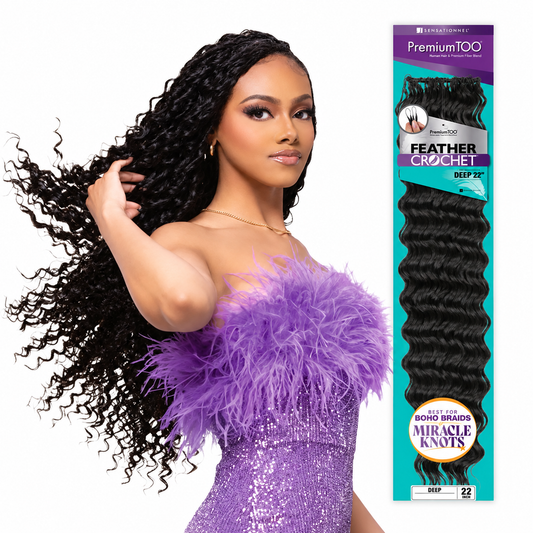 Sensationnel Premium Too Feather Crochet Deep 22 Inch model and full package on white