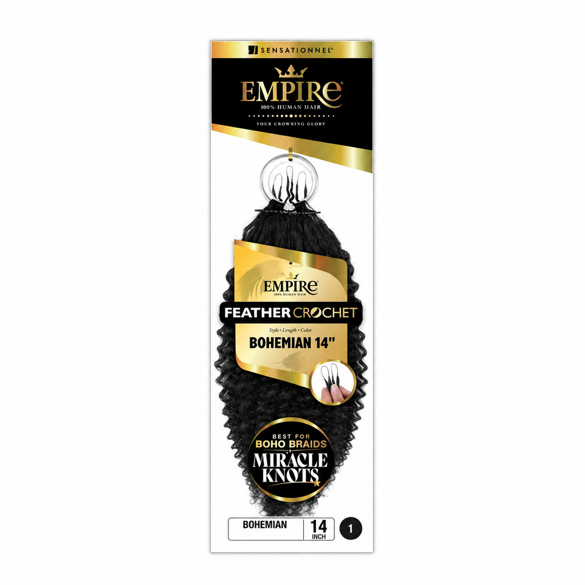 Sensationnel Empire Bohemian Human Hair Feather Crochet, 14 inch, color 1 — package color illustration