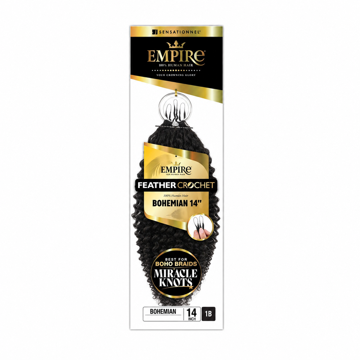 Sensationnel Empire Bohemian Human Hair Feather Crochet, 14 inch, color 1B — package color illustration