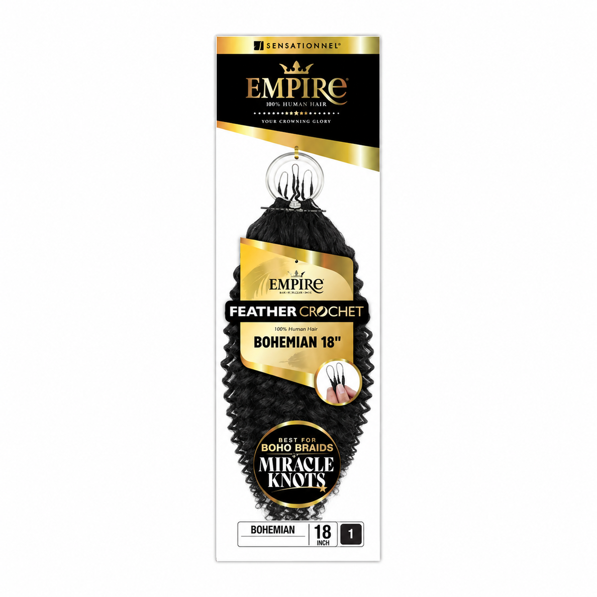Sensationnel Empire Bohemian Human Hair Feather Crochet, 18 inch, color 1 — package color illustration