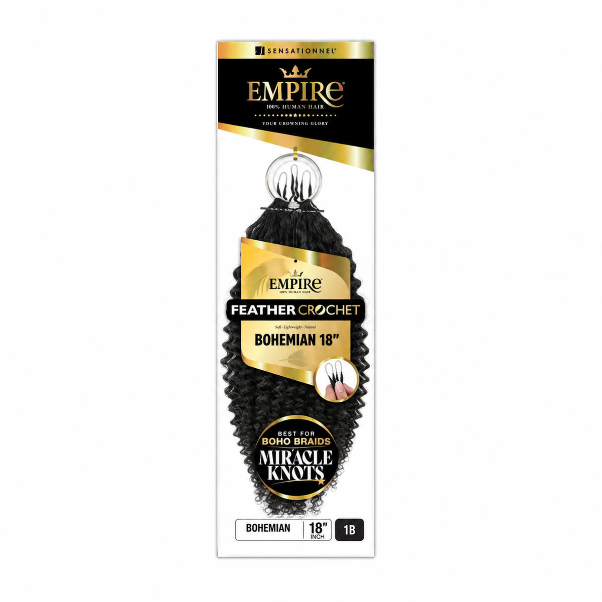Sensationnel Empire Bohemian Human Hair Feather Crochet, 18 inch, color 1B — package color illustration