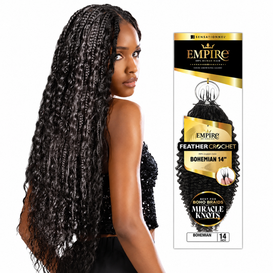 Sensationnel Empire Bohemian Feather Crochet model and full 14 inch package on white