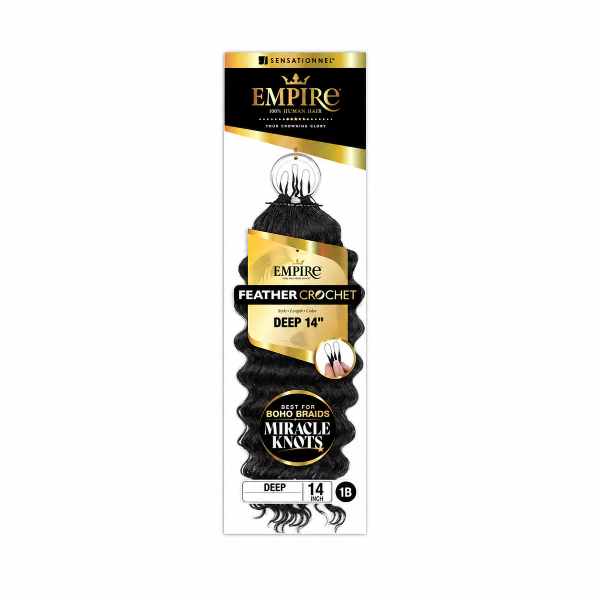 Sensationnel Empire Deep Human Hair Feather Crochet, 14 inch, color 1B — package color illustration