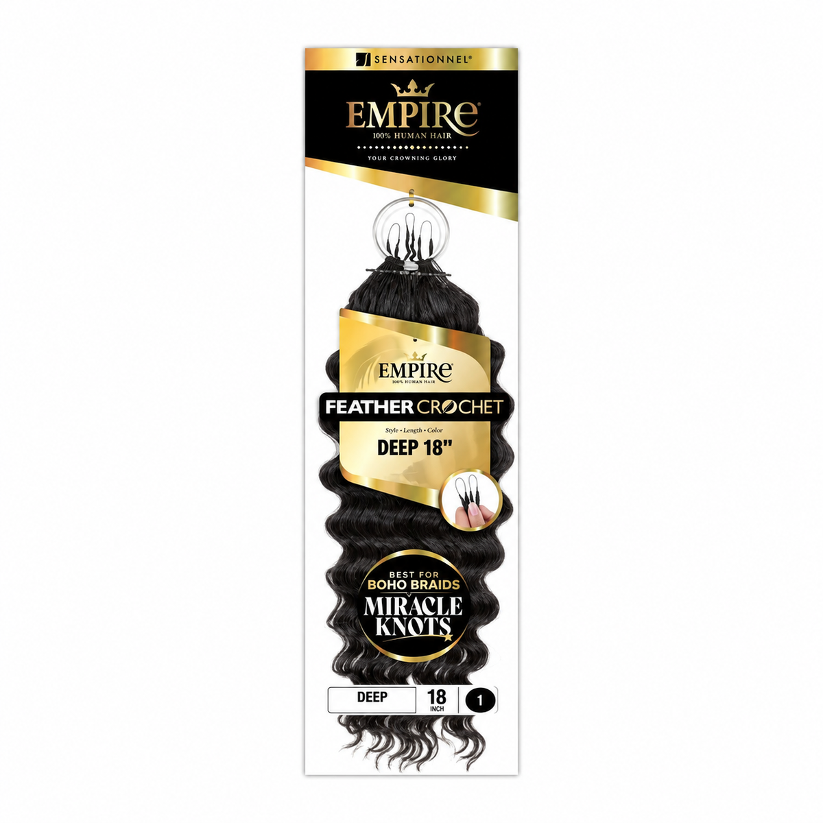 Sensationnel Empire Deep Human Hair Feather Crochet, 18 inch, color 1 — package color illustration