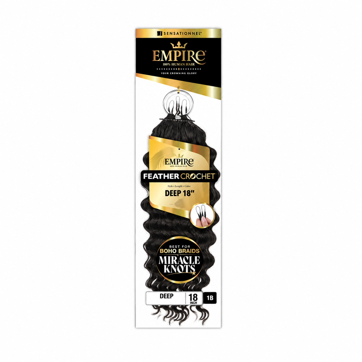 Sensationnel Empire Deep Human Hair Feather Crochet, 18 inch, color 1B — package color illustration
