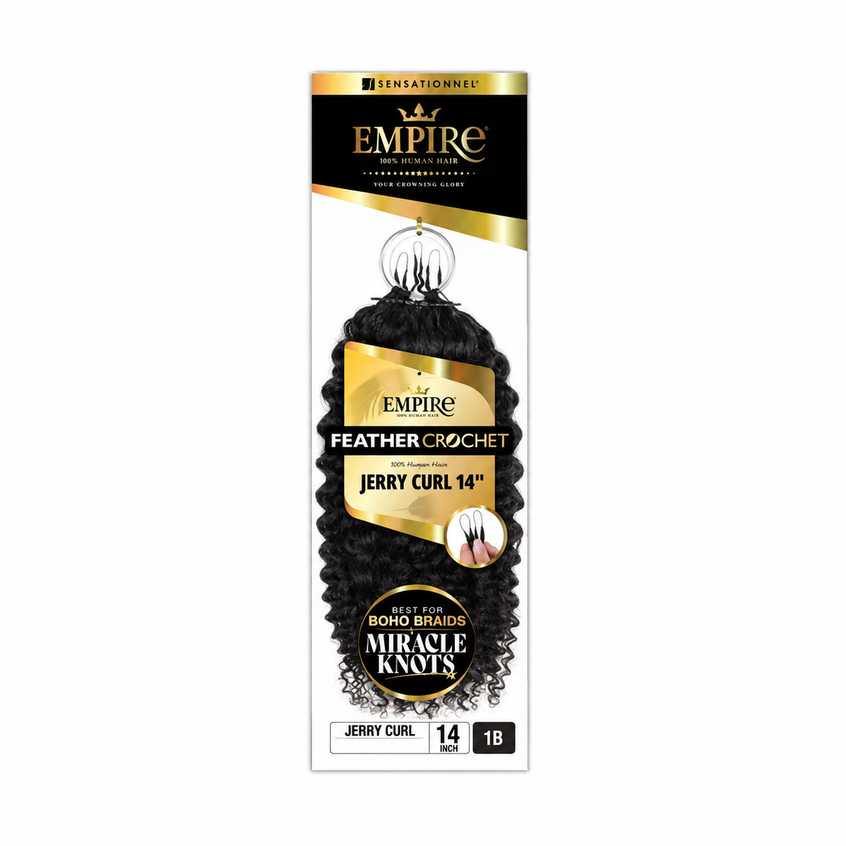 Sensationnel Empire Jerry Curl Human Hair Feather Crochet, 14 inch, color 1B — package color illustration