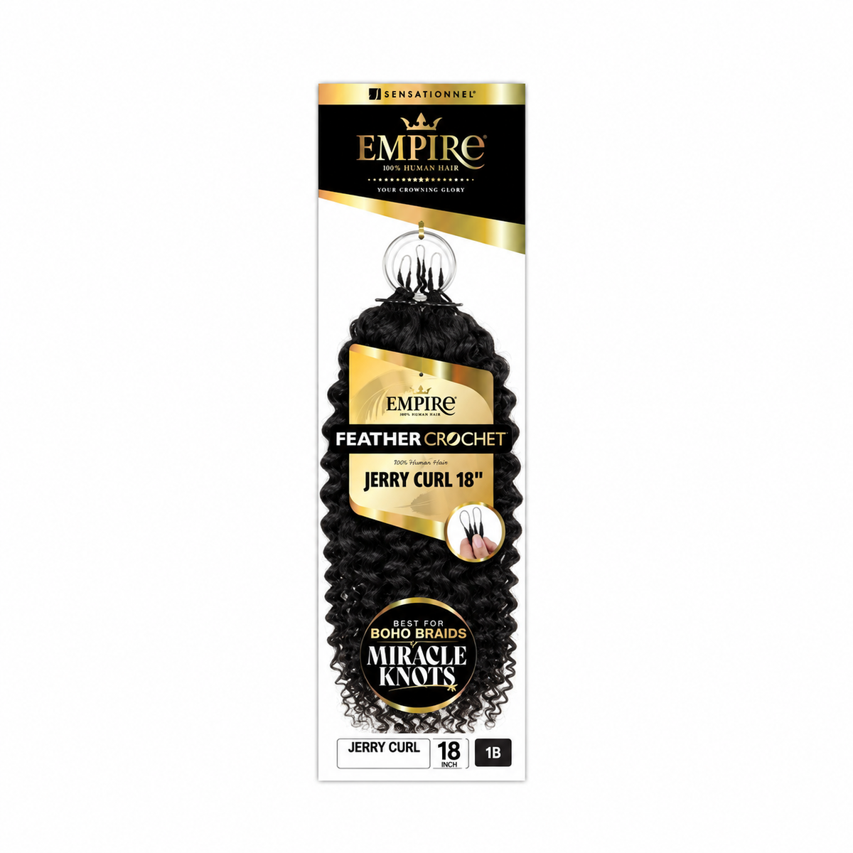 Sensationnel Empire Jerry Curl Human Hair Feather Crochet, 18 inch, color 1B — package color illustration