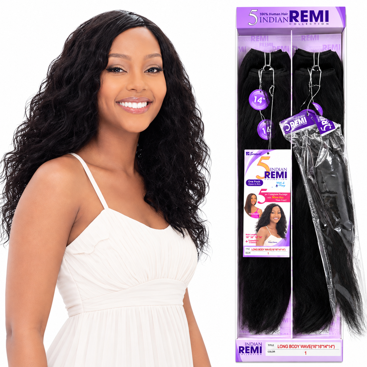 Sensual Indian Remi Long Body Wave hair in color 1 with model