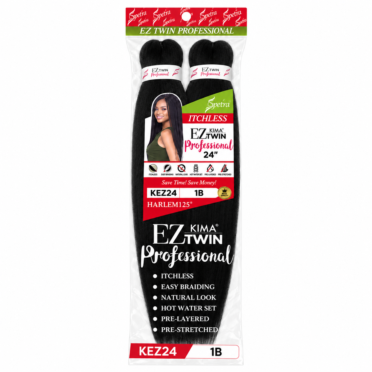Harlem125 Kima EZ Twin Pre-Stretched Braiding Hair 24" — full package on white