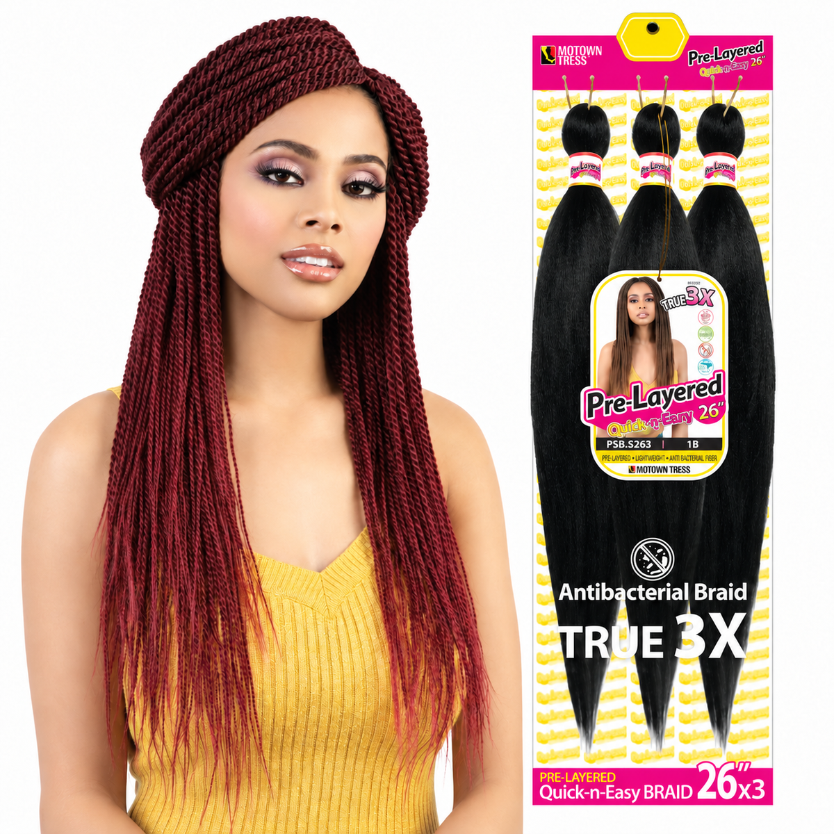 Motown Tress 3X Pre-Stretched Braiding Hair 26" — model and package on white